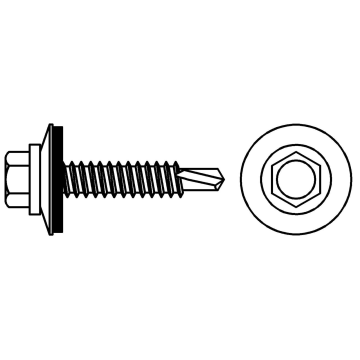 Self-drilling screw with EPDM washer. Drilling capacity 6 mm