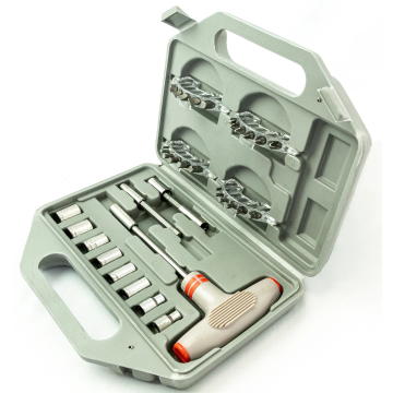 Screwdriver with an ergonomic T-handle and a set of attachments